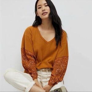 Anthropologie Waffle Knit Floral Printed Sleeve Annette Top Women’s Size Small